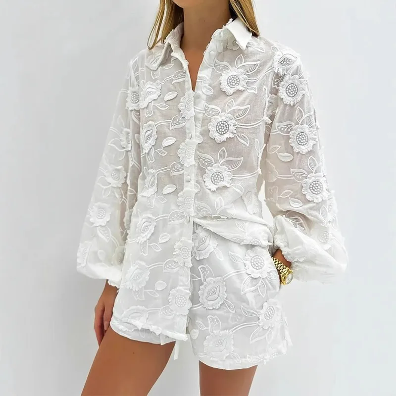 European and American Women's Clothing New Fashionable and Sexy Lace Suit Embroidered Perspective Shirt High Waist Shorts White