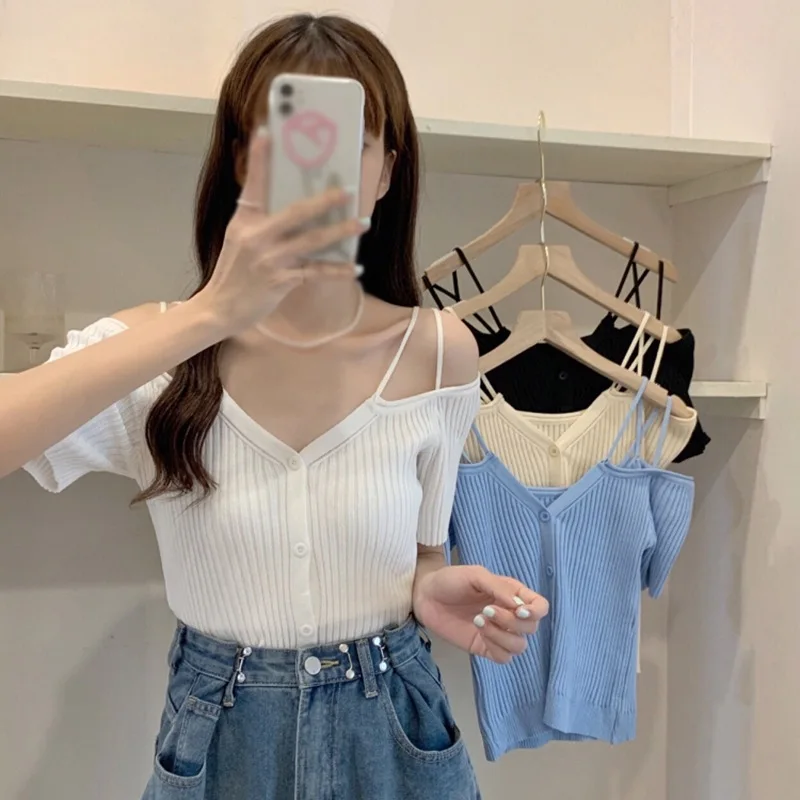 Women's Cardigan Solid Slash Neck Strapless Slim Knitted Short-Sleeved T-shirt Tops Casual Crop Top Spring Versatile Top