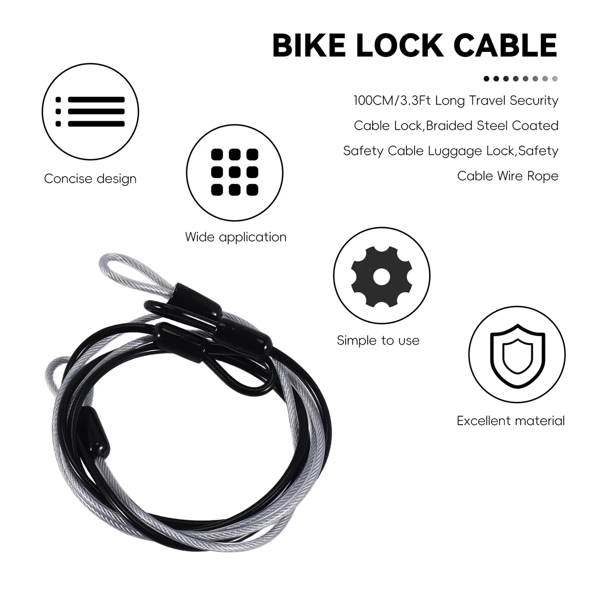 100CM/3.3Ft Long Travel Security Cable Lock,Braided Steel Coated Cable Luggage Lock, Cable Wire Rope