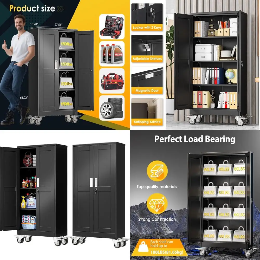 

Высокий металлический шкаф для хранения на 61 ящик с колесами, 2 дверцами и 3 полками, идеально подходит для дома, офиса, склада, черный