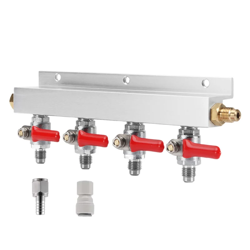 4-WAY Co2 Gas Manifold Distributor, 7/16-20 Thread Outlet Valve Removable Beer Splitter,Support Push Fits Quick Joint & Barb