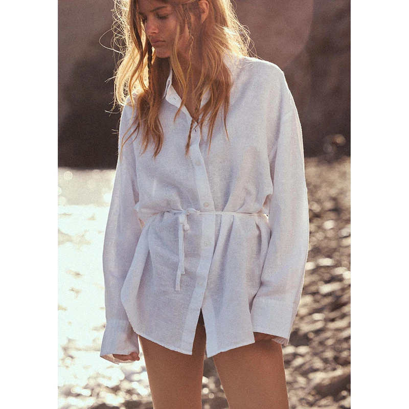 Lente nieuwe collectie losse linnenmix irt voor dames woon-werkverkeer Sle lange Sve-kraag normale lengte pure kleur polyester...