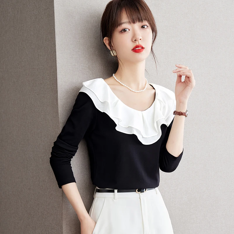 Black Doll Neck Long Sleeved T-Shirt Women'S French Ruffle Edge Panel Light Mature Unique Top