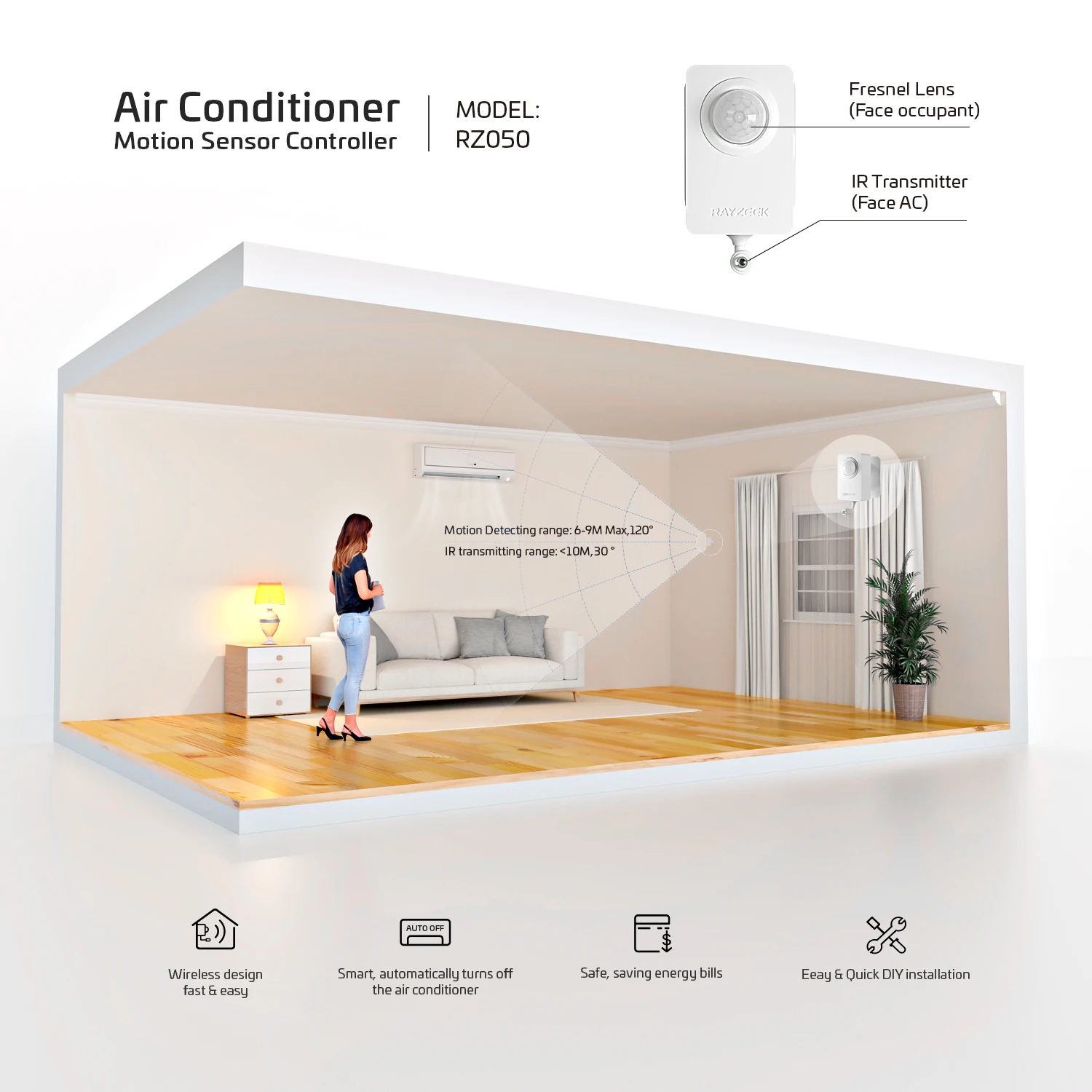 Pengontrol AC Nirkabel Otomatis Mati Rayzeek RZ050 Bertenaga Baterai Sensor Pendingin Udara