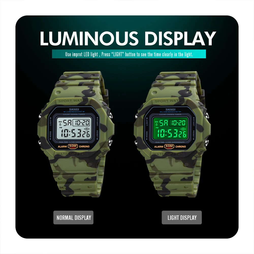 SKMEI Camouflage PU Strap Sport Watches for Men Fashion Waterproof Luminous Chronograph Clock Large Screen Digit Wristwatch Male