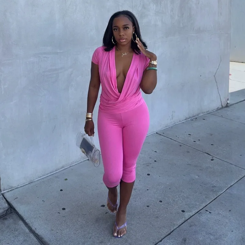 Casual 2 Piece Set Women Solid Wrap Ruched V-neck Short Sleeve T-shirts + Skinny Calf Length Pants Fashion Streetwear Suits