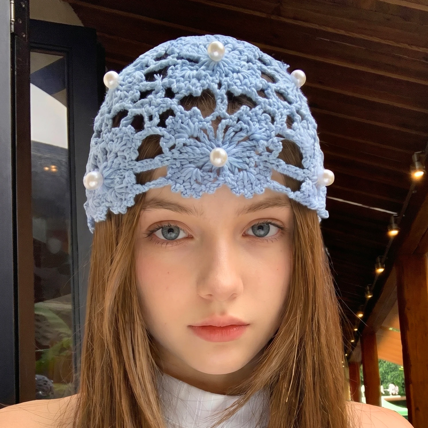 Crochet Hat Women Hollow Flower knitted Hat Fashion Beaded Pullover Hat Sweet Pearl Tassel Beanie Mesh Bandana Hat