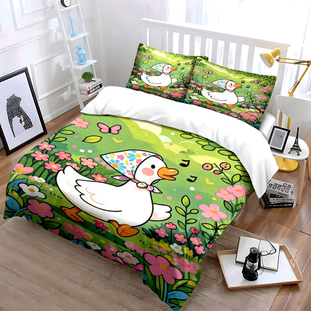 

Cartoon Duck Floral Set Summer Multiple sizes kid's and adults' bedroom Exquisite 3PC bedding set, gift