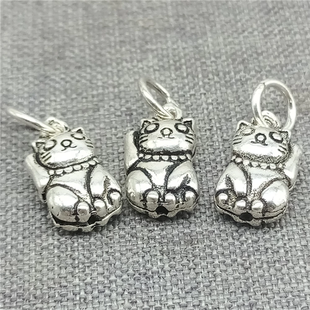 2 Pieces of 925 Sterling Silver Oxidized Lucky Cat Charms 2-sided for Bracelet Necklace