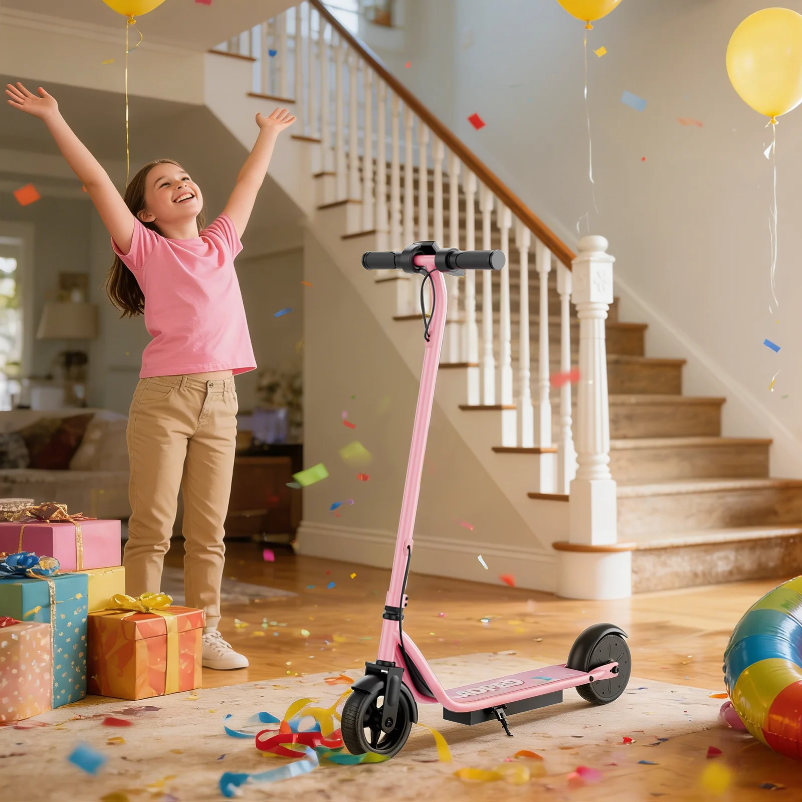 JUICEASE Elektrische kinderscooter Dubbele rem Roze zwarte kleur Elektrische scooter 15 km/u 4,4 Ah Capaciteit 250 W Speciaal kindercadeau