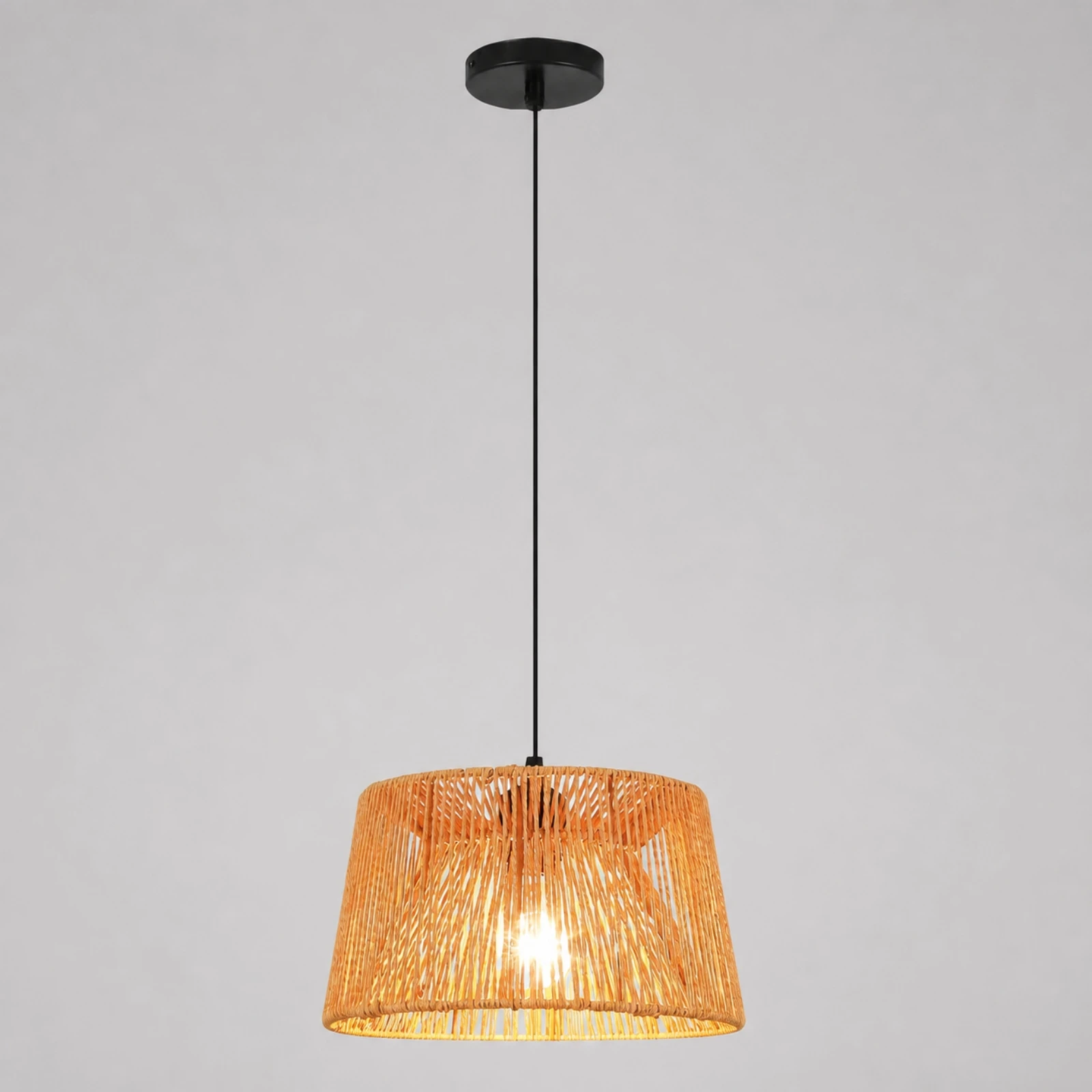 Bamboo Rattan Hanging Lamp with Iron Frame Retro Chinese-Style Pendant Light with Woven Shade Paper Rope Woven Lamp Shade Sturdy
