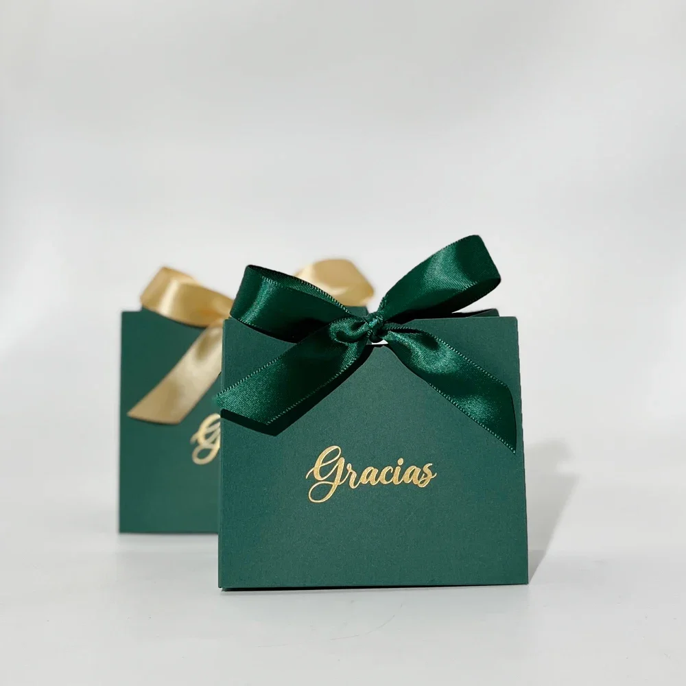 Green Mini Gift Box Minimalism Solid Color Candy Box Gold stamping Gracias choc biscuit Snacks packing Paper gift box bag