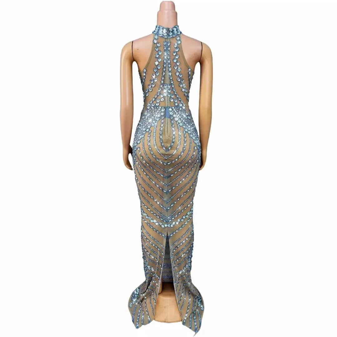 Luxurious Shining Rhinestones Sexy Nude Mesh Hollow out Dress Women Birthday Evening Prom Gowns Show Red carpet Stage Wear view 2