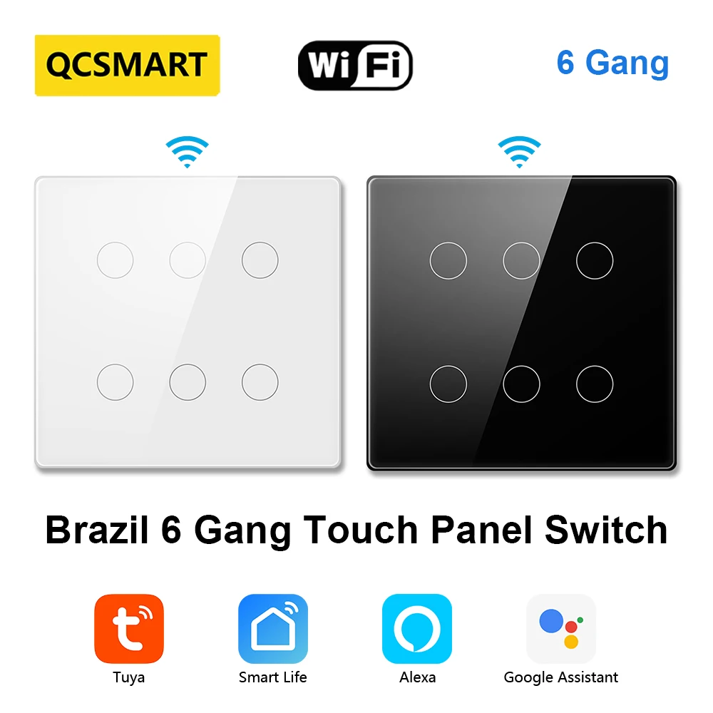 QCSMART Tuya Smart Life 6 Gang Touch Panel Brazil Switch APP Remote Control Light Lamp Work With Alexa Google Home