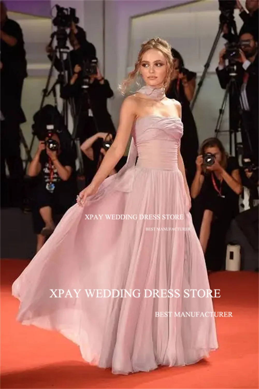 XPAY Strapless Silk Chiffon  A-Line Prom Dress Dubai Arabia Elegant Pleat Evening Gown Sleeveless Formal Special Occasion Dress