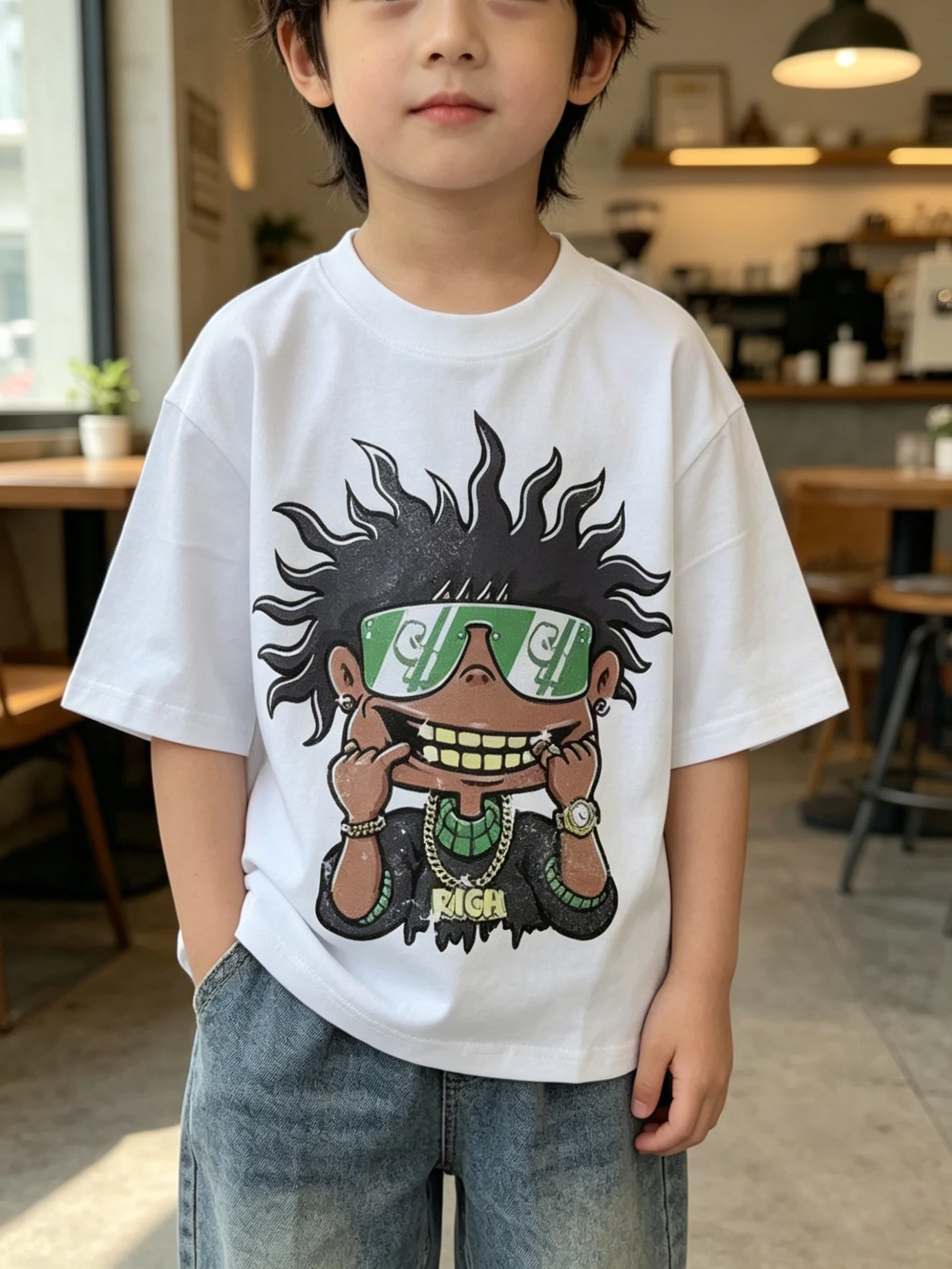 European and American design printed children's clothing cotton T-shirt personalized loose casual hip-hop style unisex