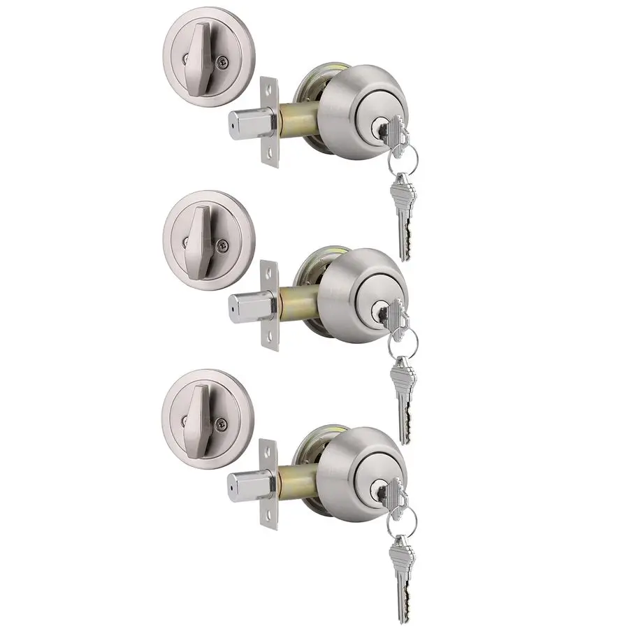 

3 Satin Nickel Keyed Alike Keyed Single Deadbolts Door Locks with Same Key, Entry Front Door Round Cylinder Deadbolt Locksets, T