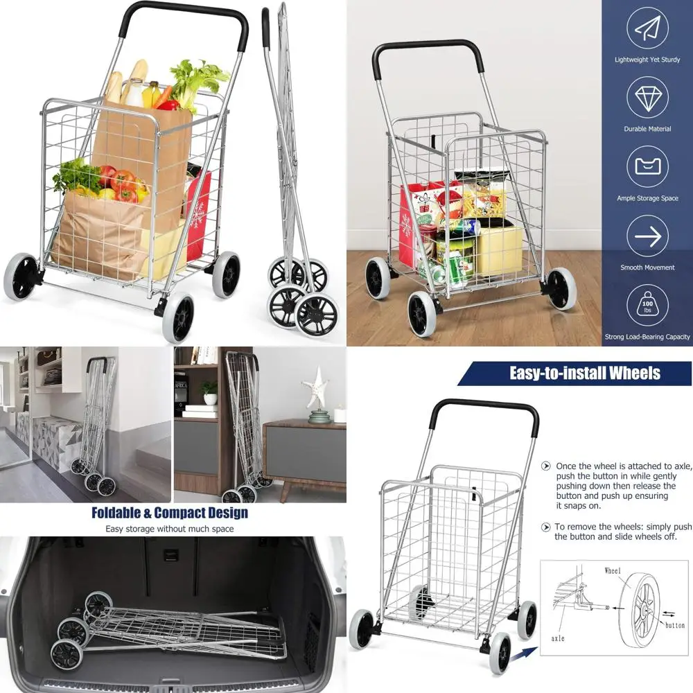 

Sturdy Folding Shopping Cart for Heavy Groceries, Portable and Collapsible with Wheels, Lightweight Design