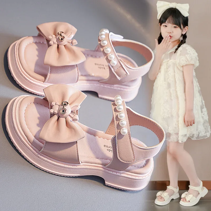 3-12 2024 New Summer Princess Party Elegant Beach Shoes Fashion Bow Pearl Kids Sandal for Girls Shoes Student Children's Sandals