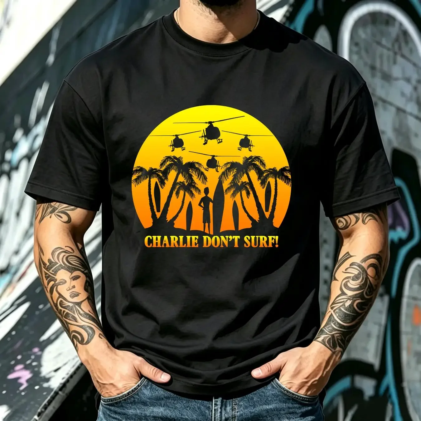 washed T Shirt NWT Charlie Don Surf Dont short sleeve BLACK MEN WOMEN S 5XL vintage Washed Stylish Slightly Stretched
