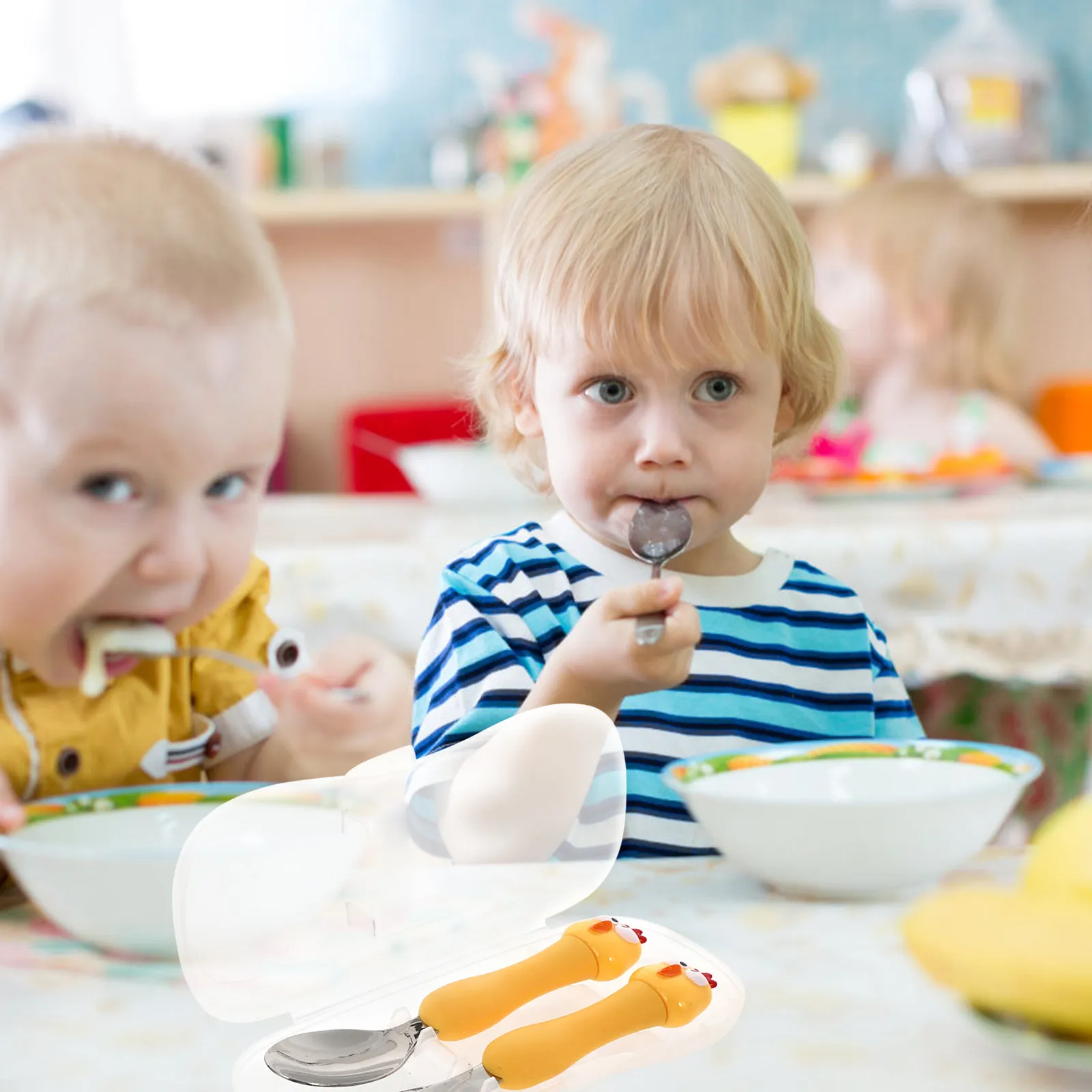 

2Sets Spoon and Fork Set Short Handle Ergonomic Infant Feeding Utensils Heat Resistant Toddler Tableware