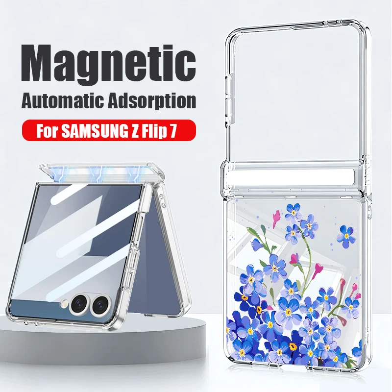 Colorful Flowers Print Case For Samsung Z Flip 7 FE 6 5 Magnetic Hinge Clear PC Folding Phone Cover For Samsung Z Flip7 Flip6