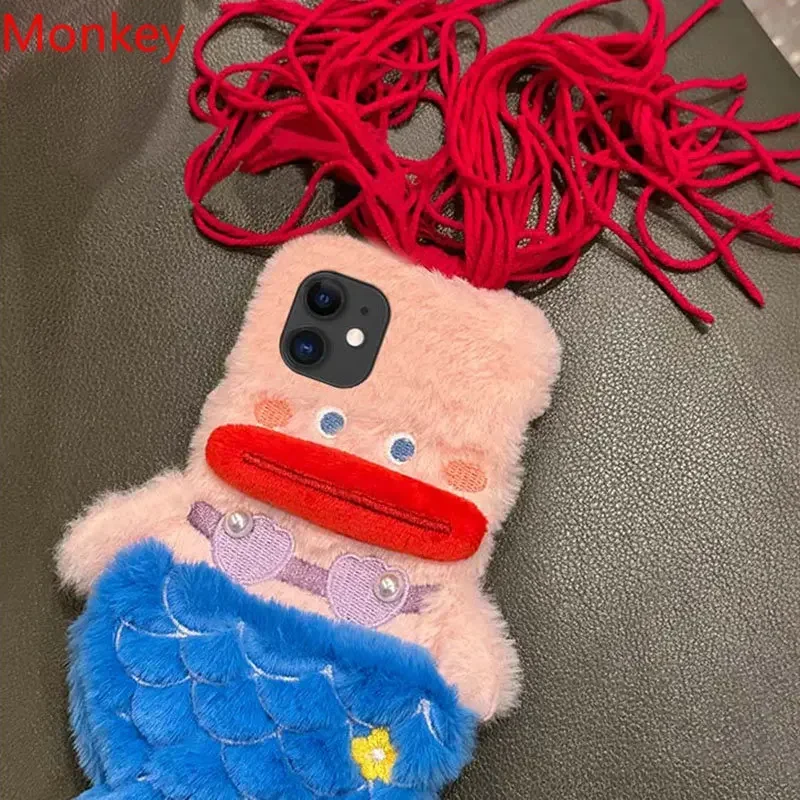 3D Cute Plush Mermaid Girls Gift Phone Case For Xiaomi 13T Redmi Note 12S 13 12 Pro 13C A3 Mi 14 X6 M6 Winter Fluffy Hair Cover