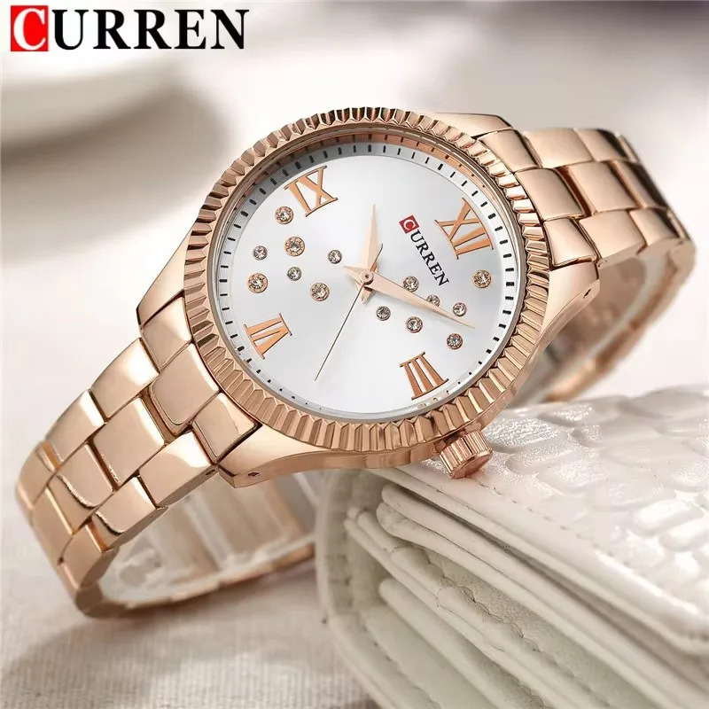 CURREN 9009 Women\'s Quartz Watch Business Fashion Diamond Dial Waterproof Stainless Steel Strap Casual Simple Ladies Wristwatch