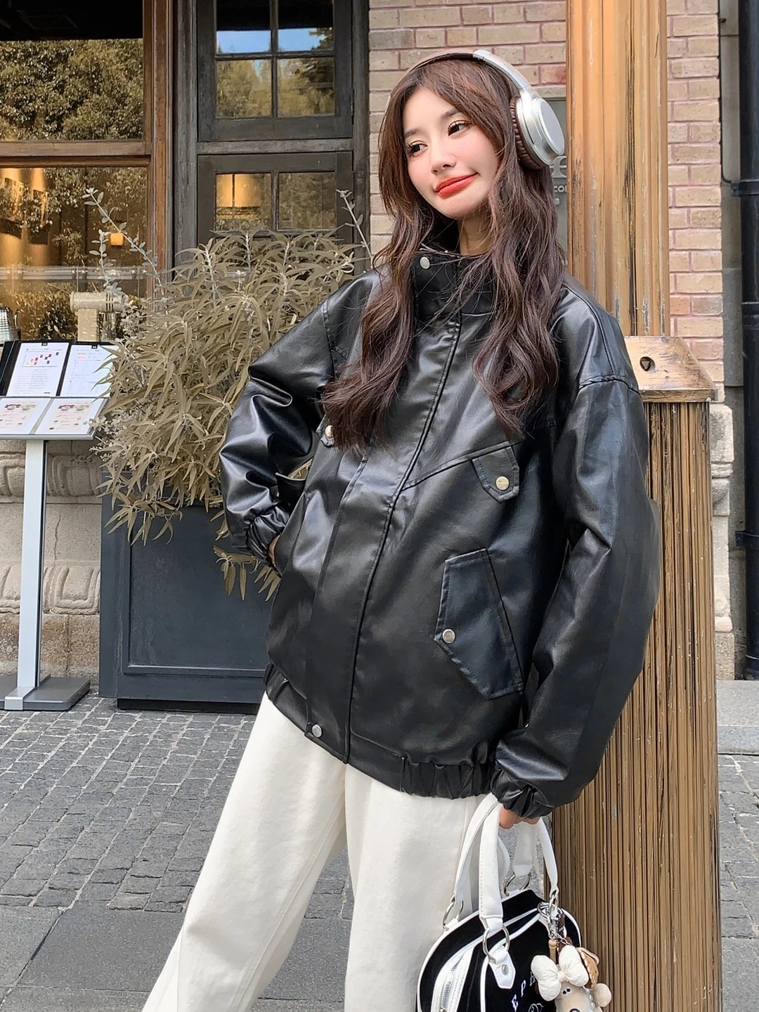 

Bla Biker Jaet Women's Loose Casual Simple Sle Leather Coat Autumn New Arrival Zipper Closure Long Sve Stand Collar