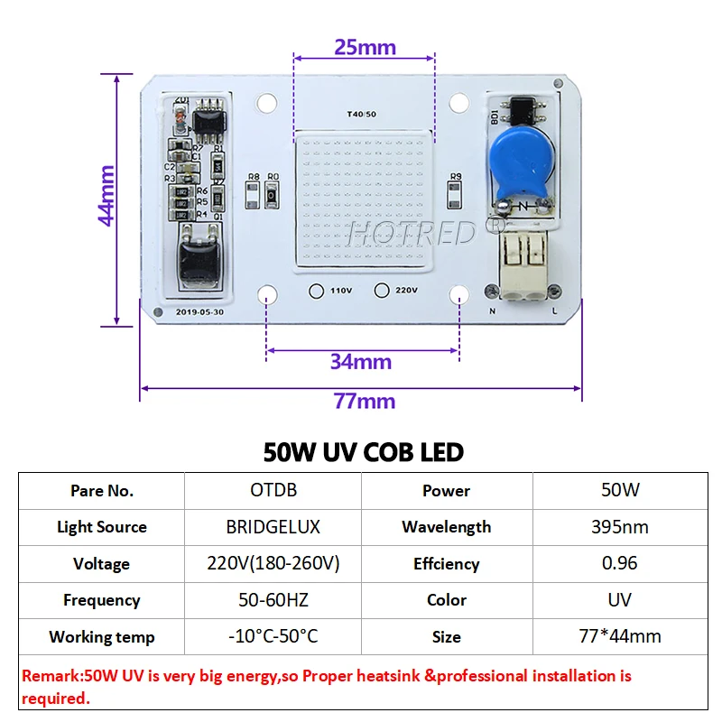 50W UV LED COB Diode 395nm Chip AC110V 220V DOB Ultraviolet Cure Metal Detector Quartz Black Light Germicidal Disinfection