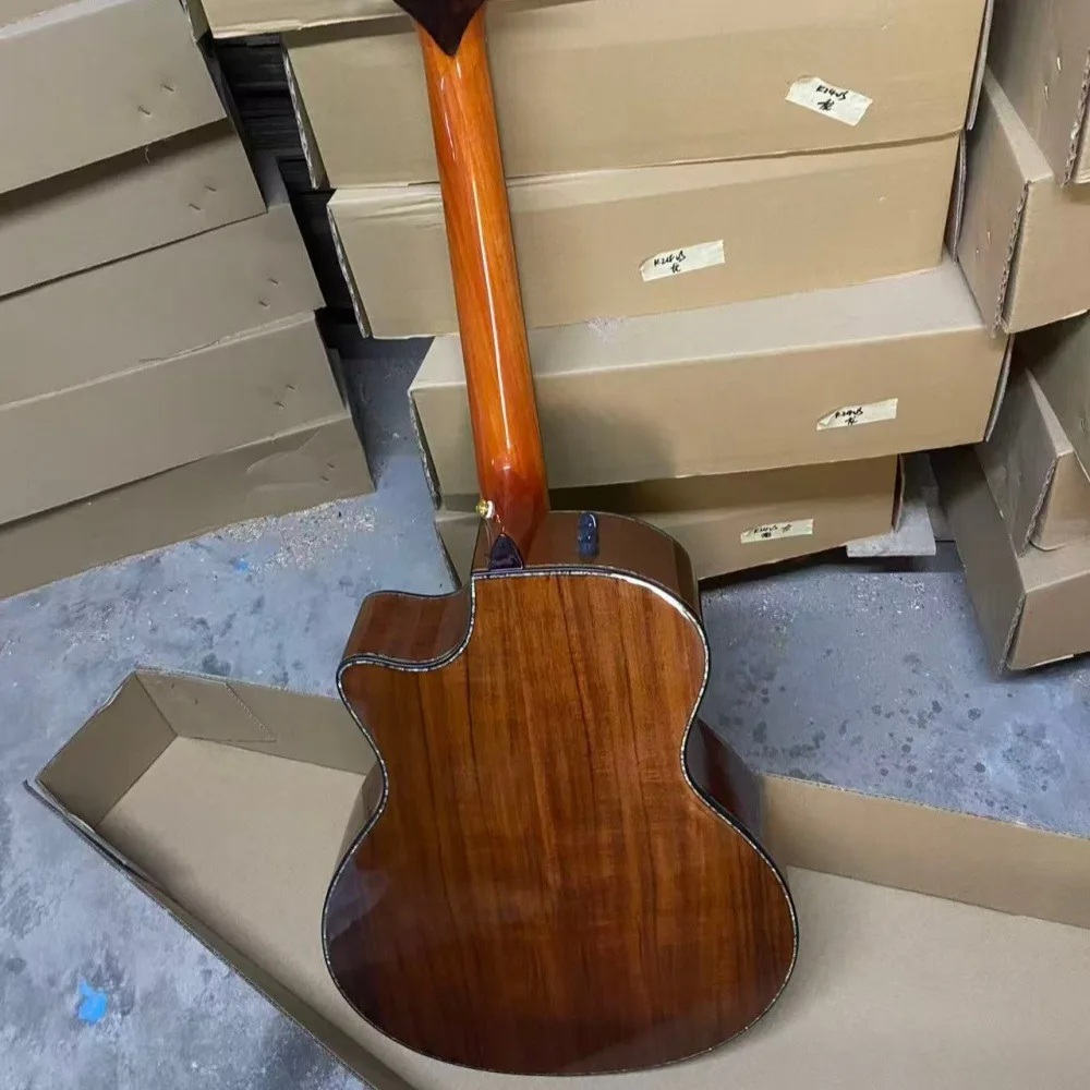 Dark Brown 41 Inch 6 String Acoustic Guitar with EQ Solid Koa Wood Body Glossy Finish Beautiful Abalone Inlay Rich Resonant Sound Cutaway Design for Fingerstyle Playing