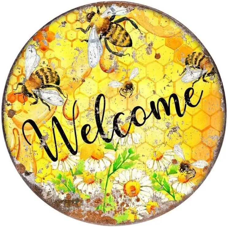 Vintage Style Round Tin Sign Wreath Sign Bee Welcome Metal Sign Metal Decor Wall Sign Wall Decor Door Plaque TIN Sign 12x12 Inch