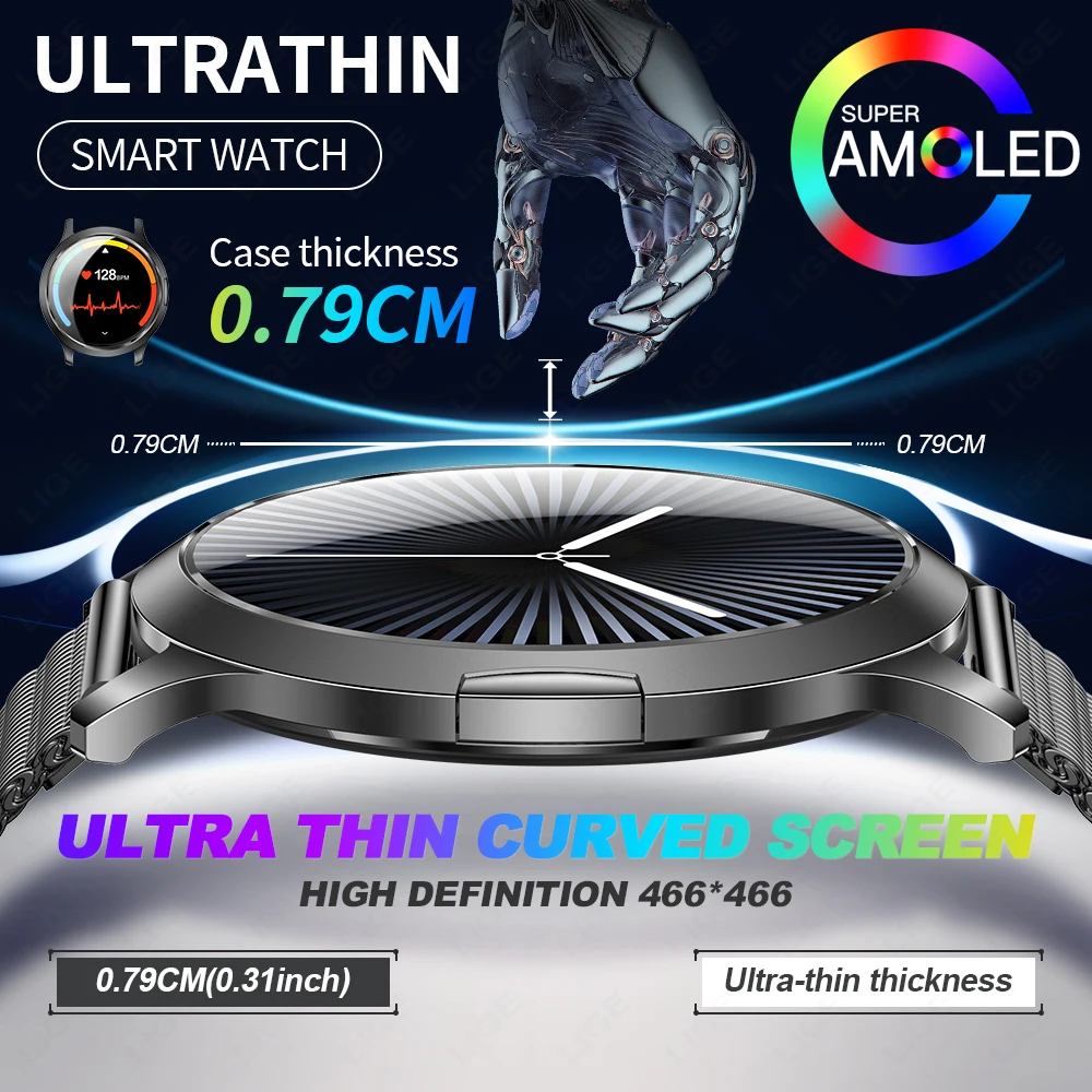 

LIGE 2025 Новые Смарт-часы для мужчин AMOLED Экран Часы IP68 Водонепроницаемый Монитор сердечного ритма Мужские женские умные часы для Android ios