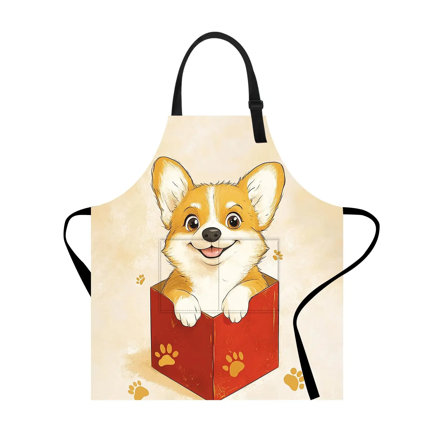 

Cute Corgi Apron Funny Dog in Box Design with Yellow Paw Prints – Adjustable Comfortable Cooking Apron for Dog
