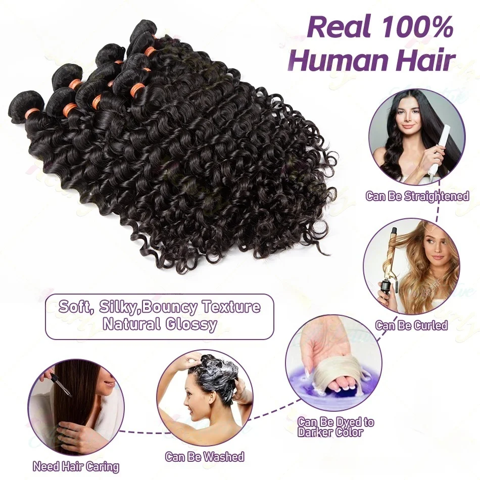 Curly Human Hair Bundle 30 32 Inch Remy Unprocessed Raw Virgin 100% Deep Wave Human Hair Water Wave Extensions 3 4 Bundles Deal
