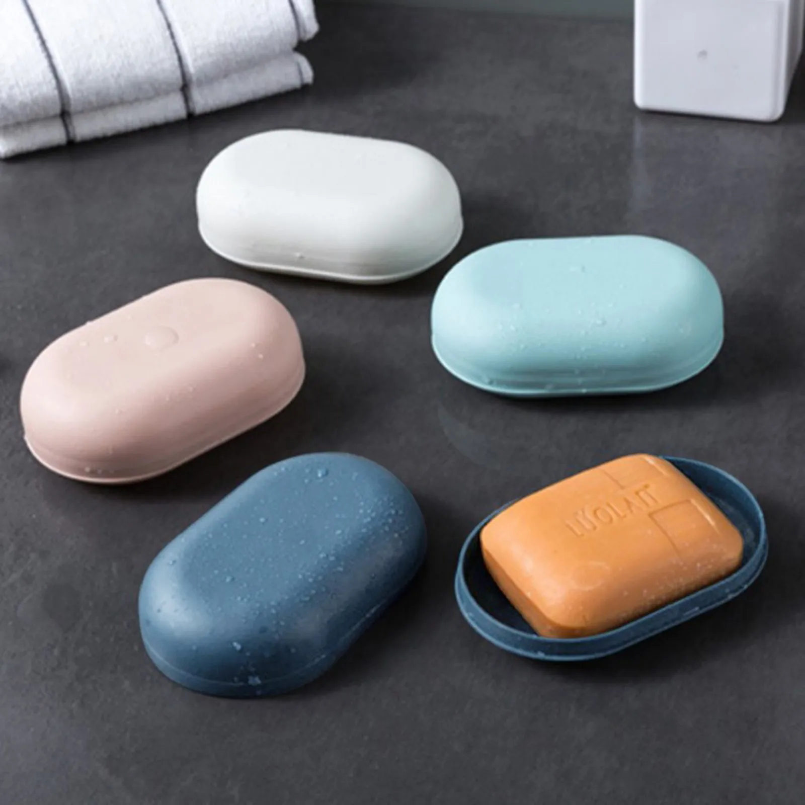 Plastic Soap Box Home Leak-Proof Soap Storage Holder with Lid Candy-Colored Soap Dish for Outdoor Travel Bathroom Supplies