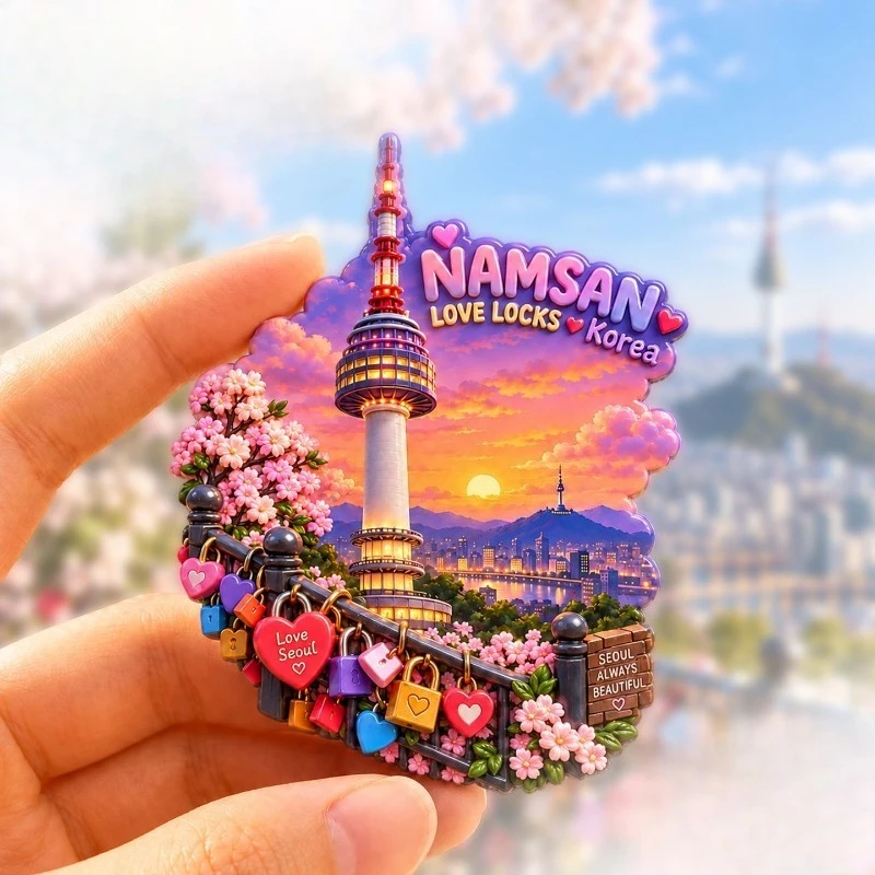 Seoul Namsan Tower Sunset Fridge Magnet - Romantic 3D Korean Souvenir Unique Love Gift for Travel & Home Decor