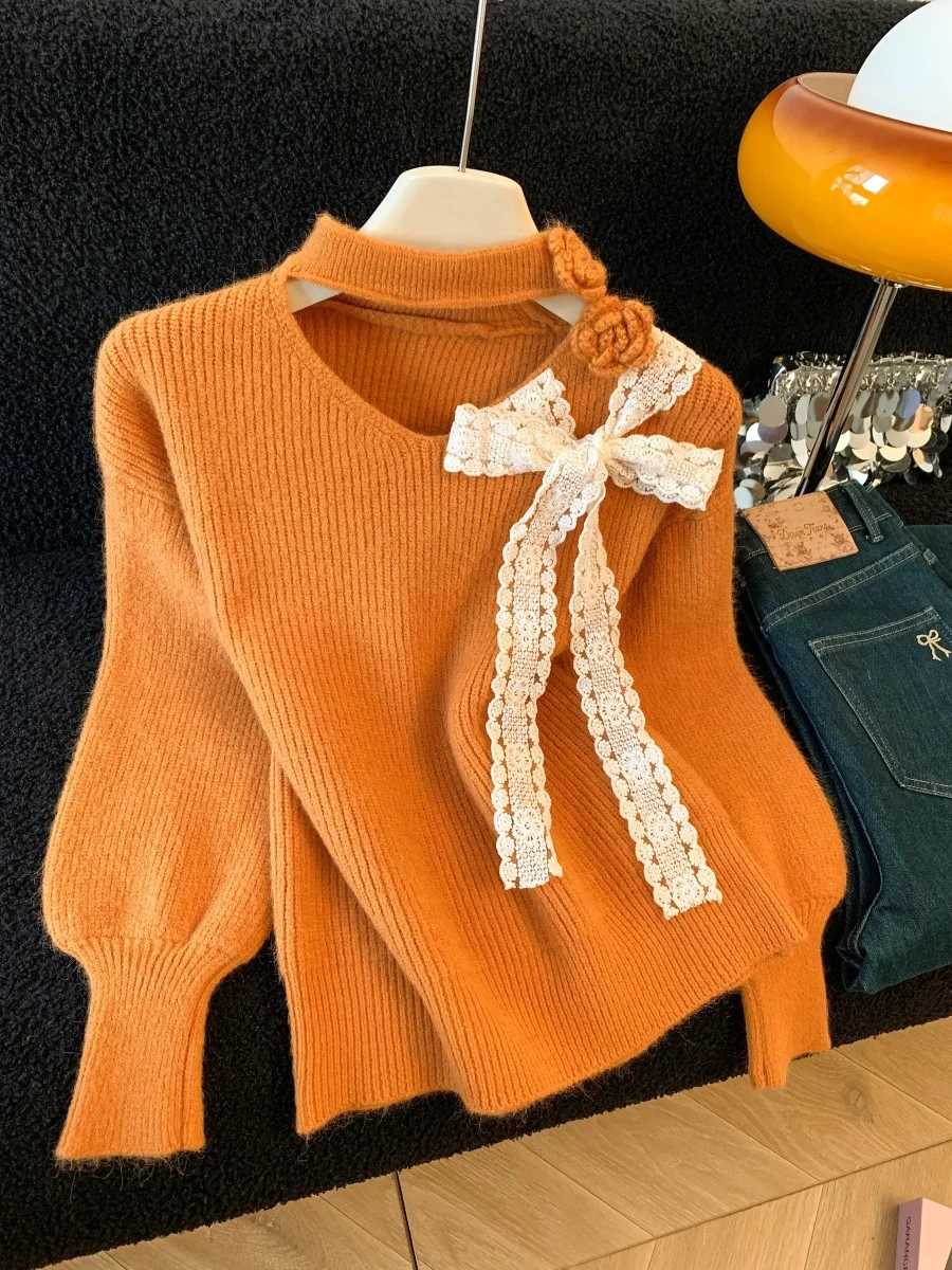 Maglione lavorato a maglia da donna autunno inverno Design in pizzo floreale 3D Faionable Versatile Nodo Aosphere Feeling Sweet S...