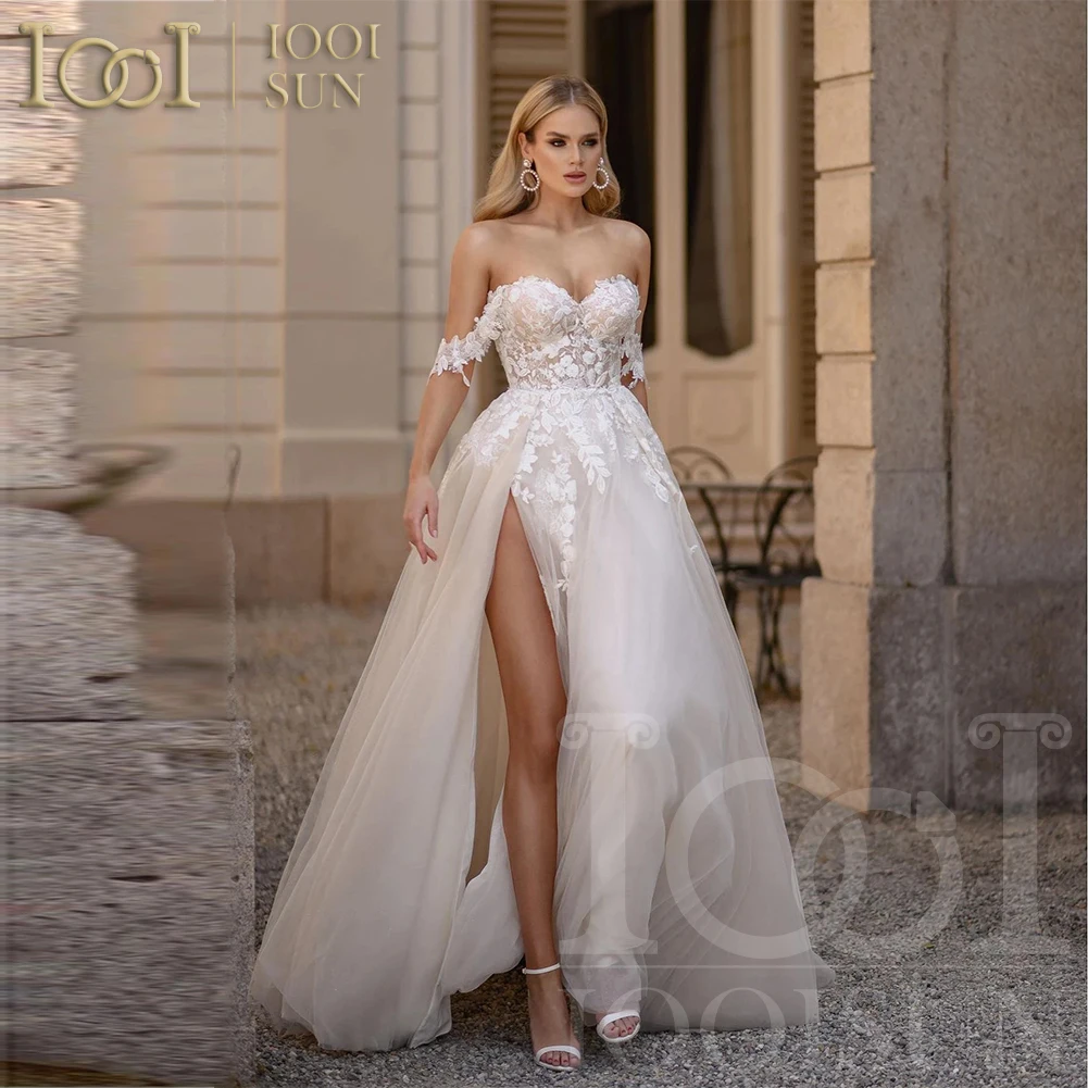 

IOOISUN Sweetheart Wedding Dresses Appliques Boho Bridal Gown with Slit Off The Shoulder Party Gown vestidos de novia Robe