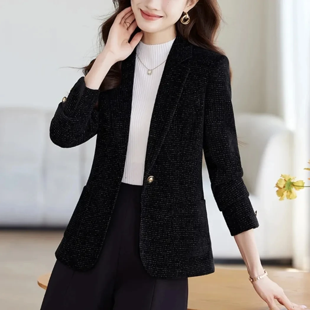 Primavera otoño nuevo Blazer mujer Color sólido moda Slim Oficina Blazer corto elegante un solo botón Seda brillante Mujer Blazer abrigo