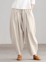 Zanzea Sommer elastische Taille feste Hose Frauen lässig Baggy Pants elegant locker weites Bein Pantalon Vintage Baumwolle Rübe 2024