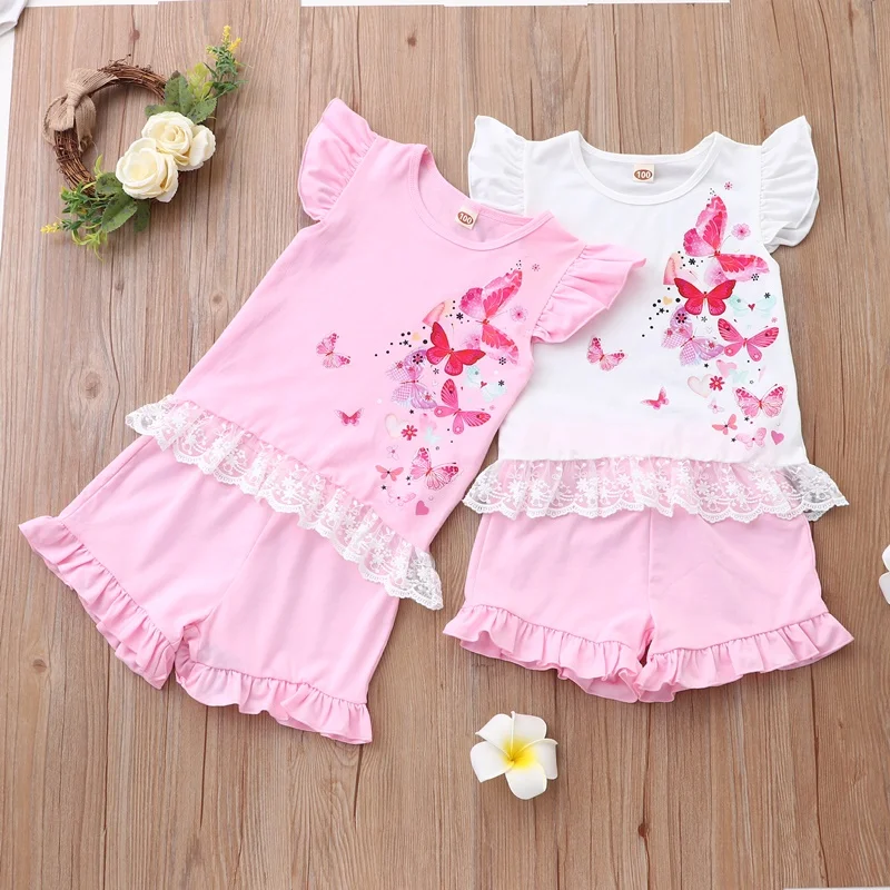 New Summer Girls Outfits Kids Clothes 2 Pcs Butterfly Print Flying Sleeve Tops+short Pants Cotton Casual Girls Clothing Set 1-5Y