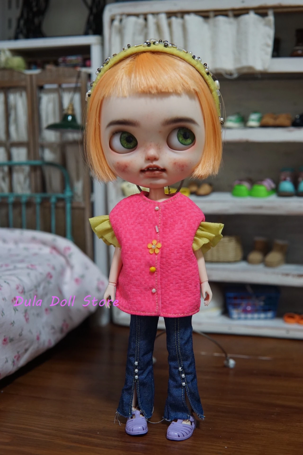 Dula Doll Clothes Dress Pink contrasting jeans Landoudou Landazz Blythe ob24 ob22 Azone Licca ICY JerryB 1/6 Bjd Doll