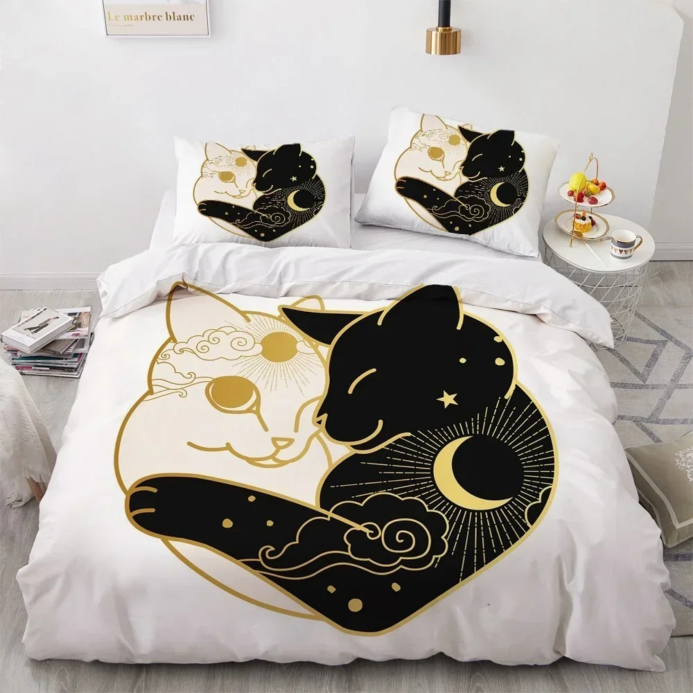 

3D Black Cat Bedding Sets King Queen Full Single 200x200 Bed Linen Gold Design 3D Printed Duvet Cover Set for Teens Women