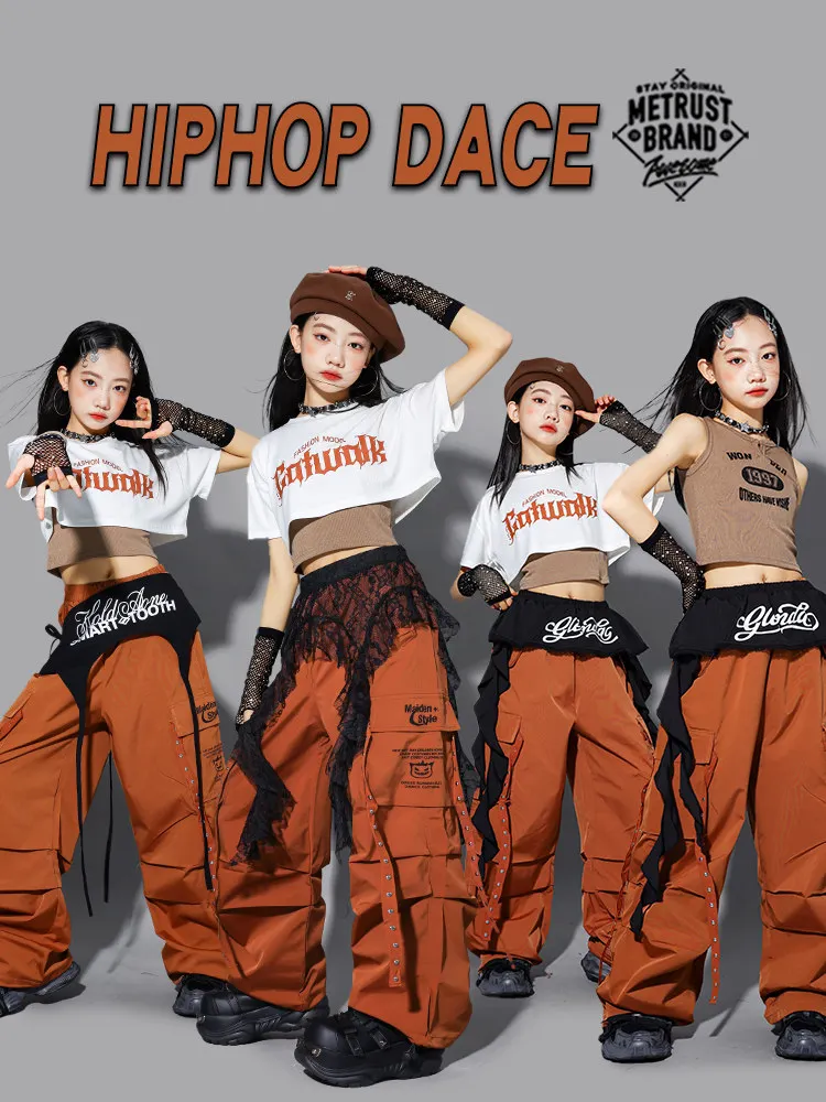 Girls Jazz Hip Hop Dance Clothes Summer Short Sleeves Crop Tops Brown Cargo Pants Modern Dance Practice Performance Outfit