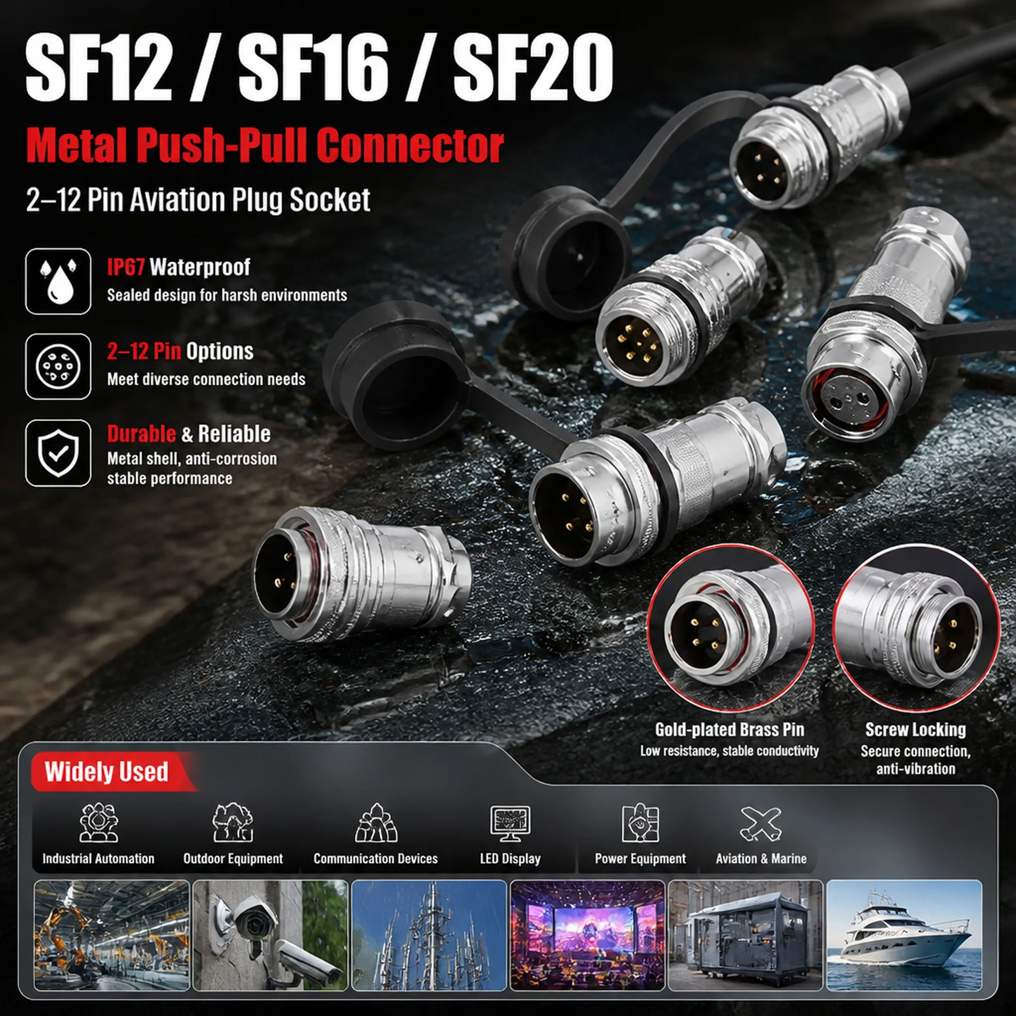 SF12 SF16 SF20 Metal Push Pull Connector IP67 Waterproof 2 3 4 5 6 7 8 9 10 12 Pin Male Female Aviation Plug Socket 1PCS