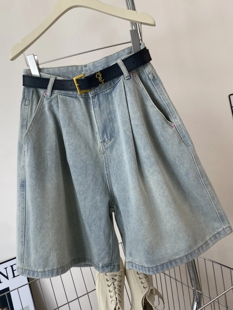 

Faionable High Waist Pleated Wide Leg Five-Quarter Jeans Summer New Sle orts Meat Concealing Trendy Women's Denim Pants