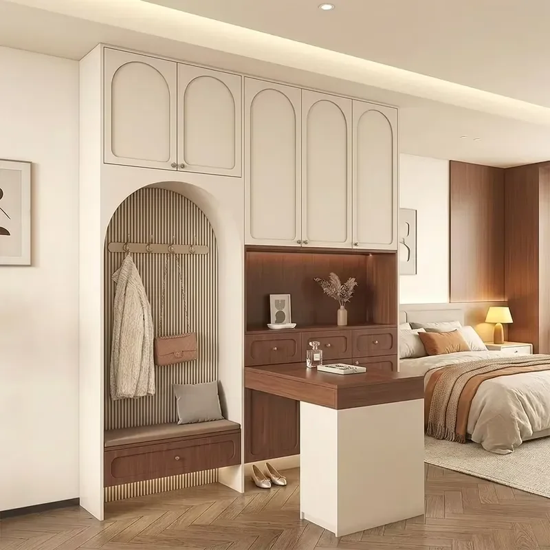 Custom Contemporary Freestanding Solid Wood Walk-In Wardrobe with Hanging Area and Multi-Cabinet Storage for Bedroom