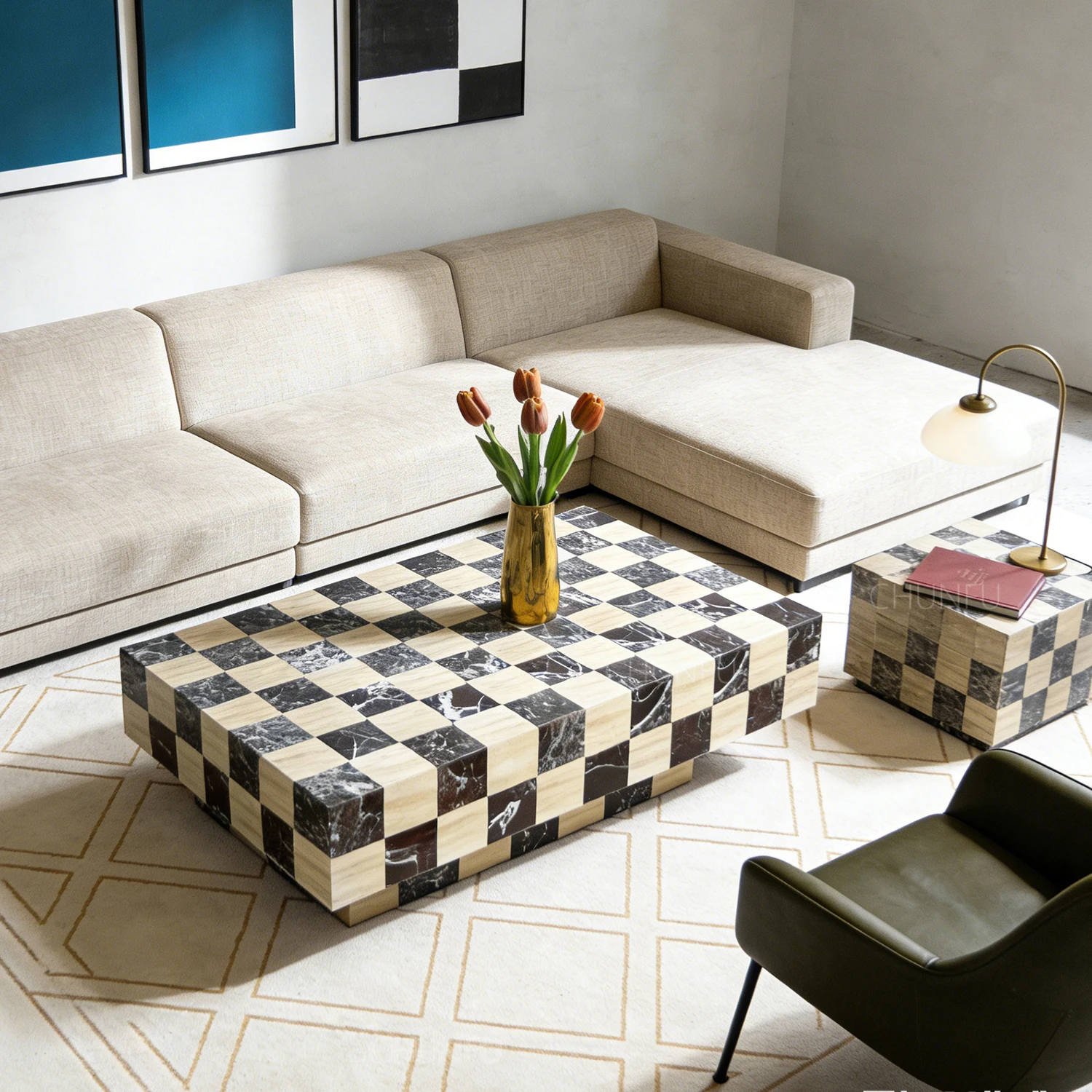 Luxury Checkerboard Marble Convertible Extendable Coffee Table Modern Square Natural Stone Center Table Sturdy Pedestal Base