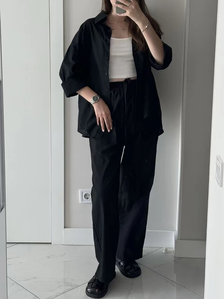 

FSMG Fashion Solid Cotton Linen Pant Set Casual Loose Buttons Long Sleeves Shirt Elastic Waist Pant Two Piece Set Lady Outfit